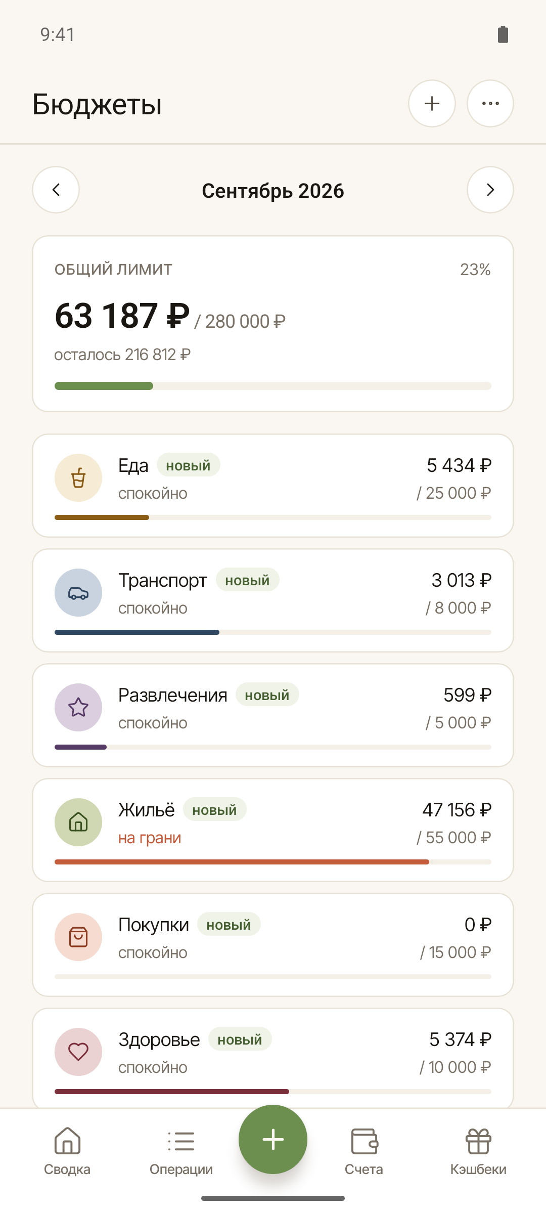 Общий лимит и бюджеты по категориям