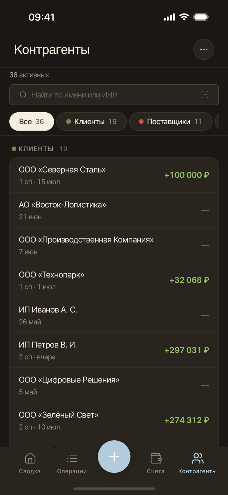 Контрагенты в свод.ли на телефоне
