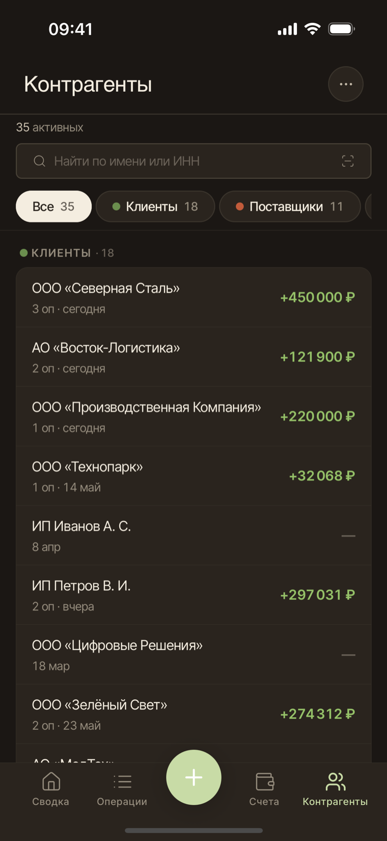 Контрагенты в свод.ли на телефоне