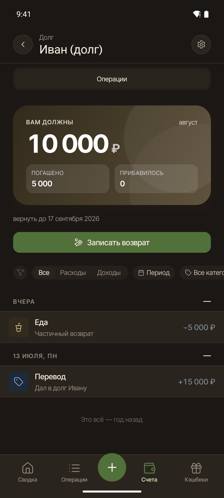 Динамика погашения долга на телефоне